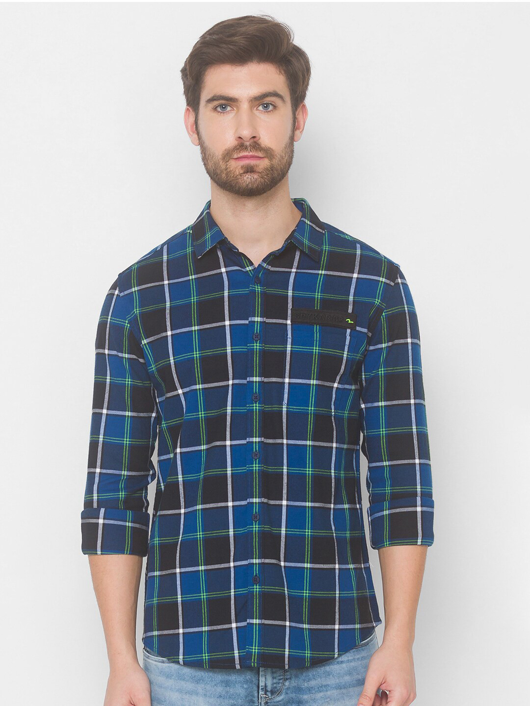 SPYKAR Men Blue Tartan Checks Checked Casual Shirt