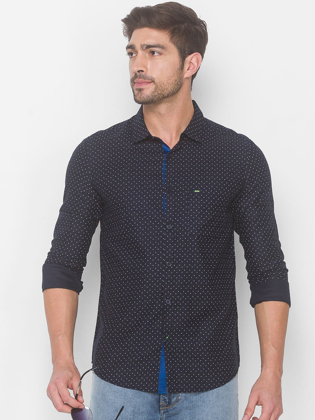 SPYKAR Men Navy Blue & White Slim Fit Printed Pure Cotton Casual Shirt