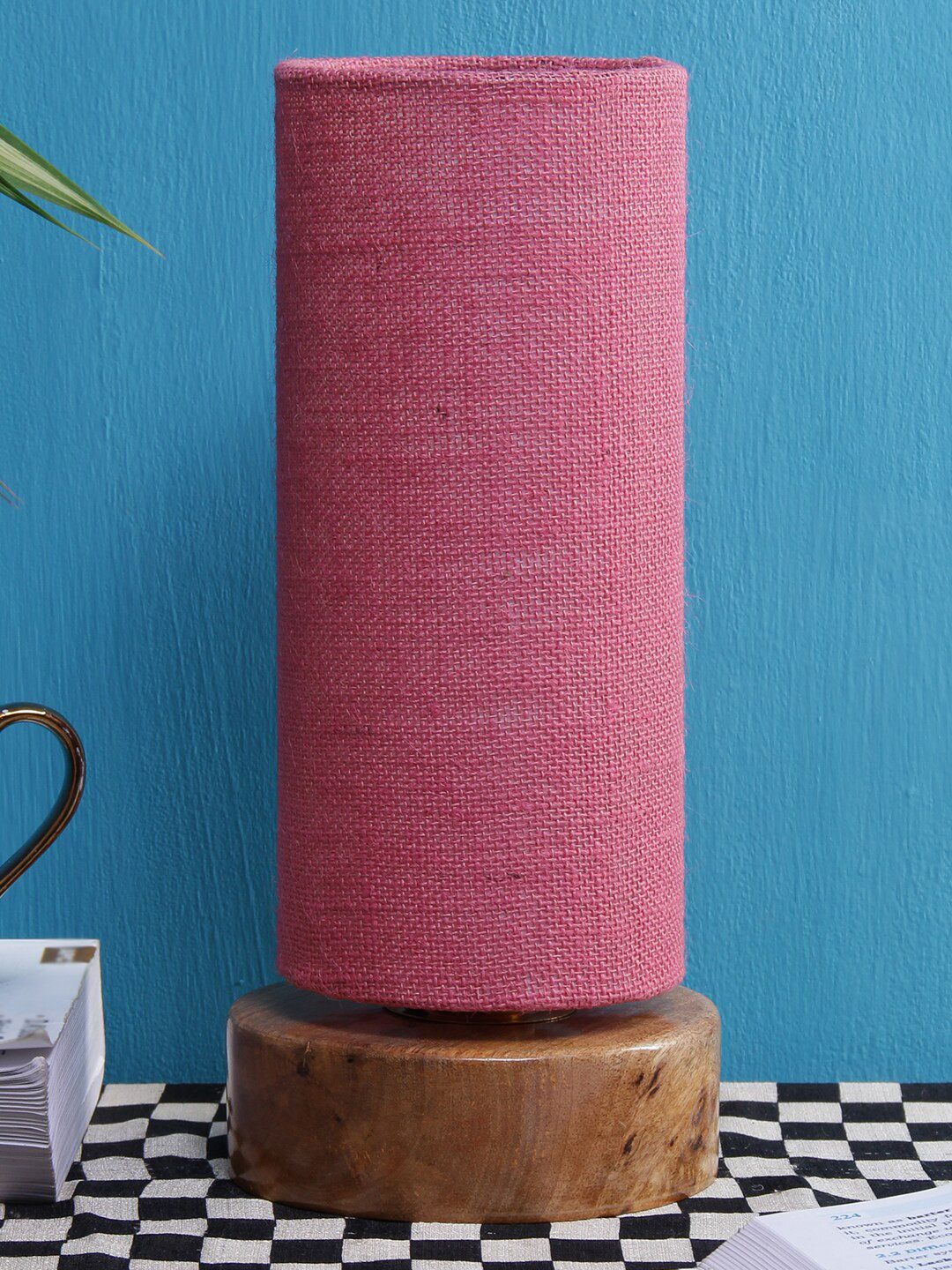 Devansh Pink Jute Shade With Round Wood Base Table Lamp