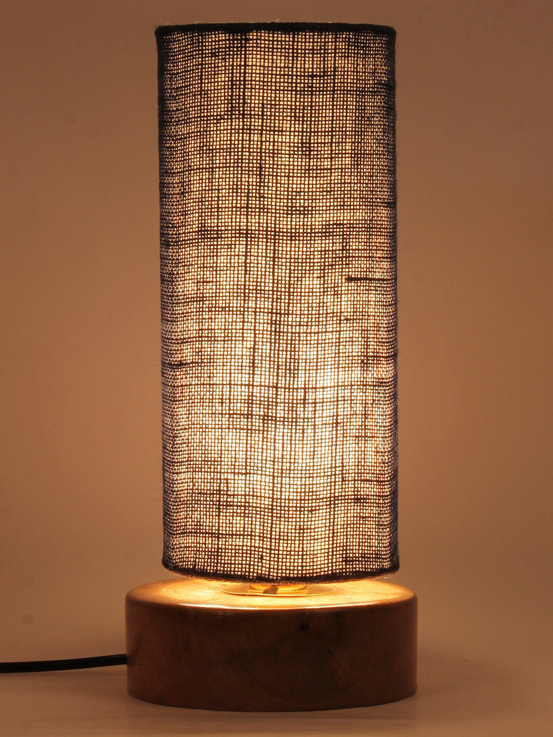 Devansh Navy Blue Jute Shade with Round Wood Base Table Lamp