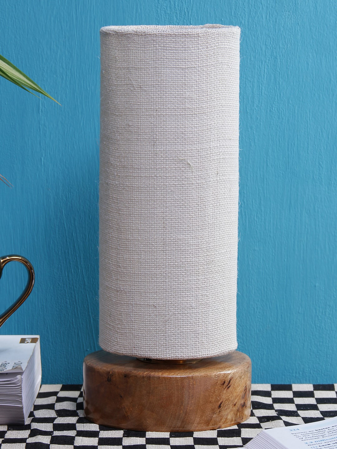 Devansh White Cylinder Solid Wooden Table Lamp