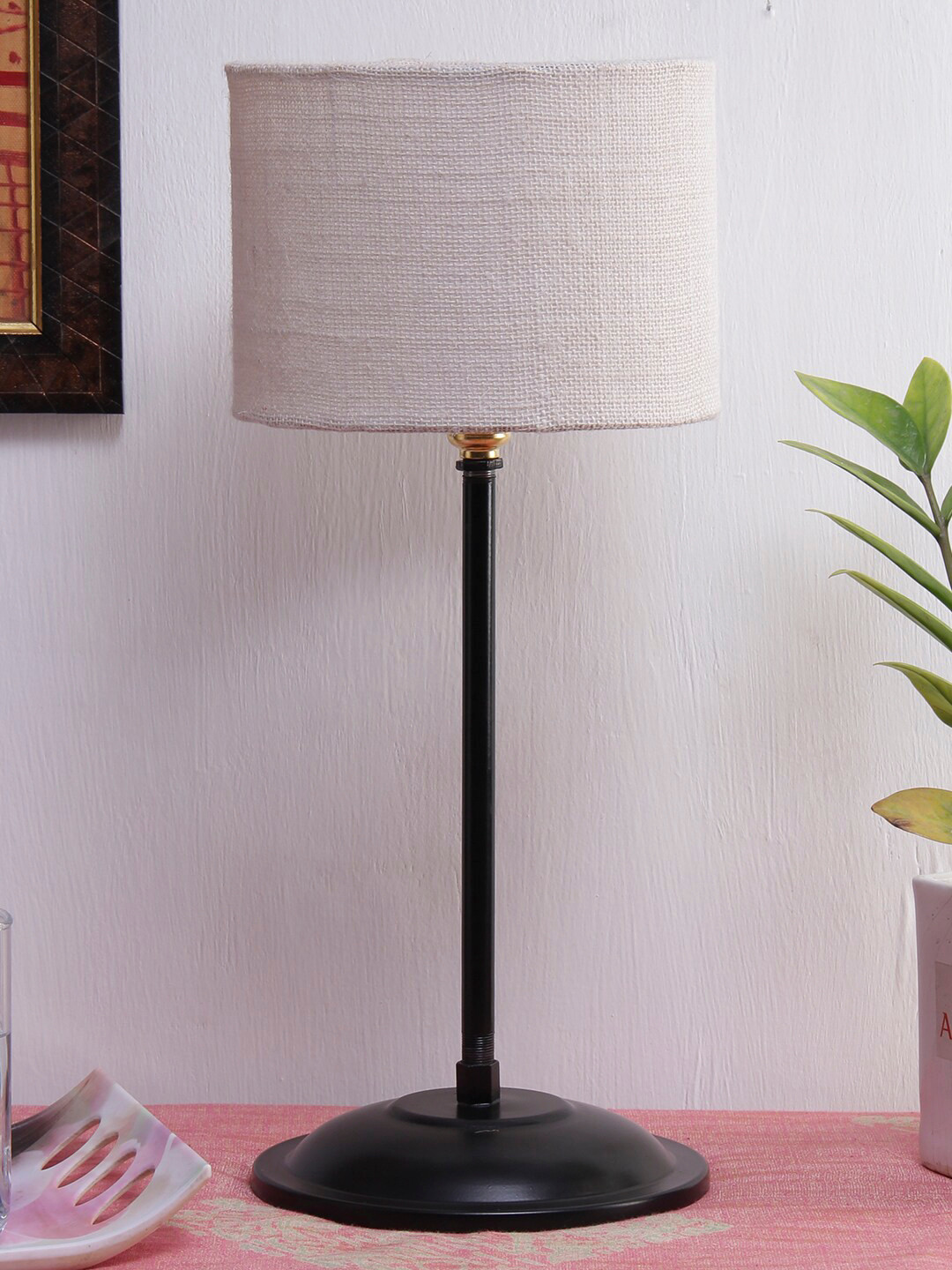 Devansh White Jute Shade Lamp With Black Base