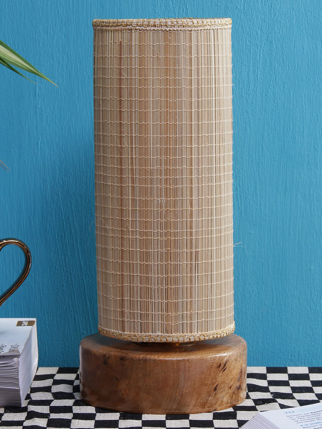 Devansh Beige Wooden Table Lamp with Round Bamboo Shade