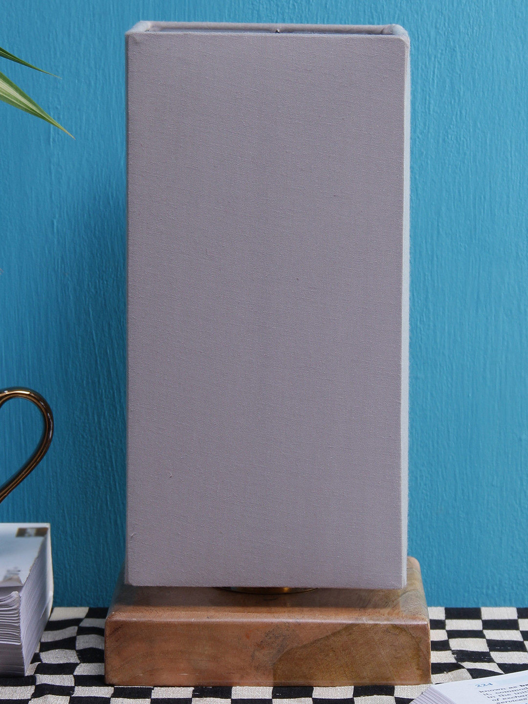 Devansh Grey Square Wooden Table Lamp with Cotton Shade