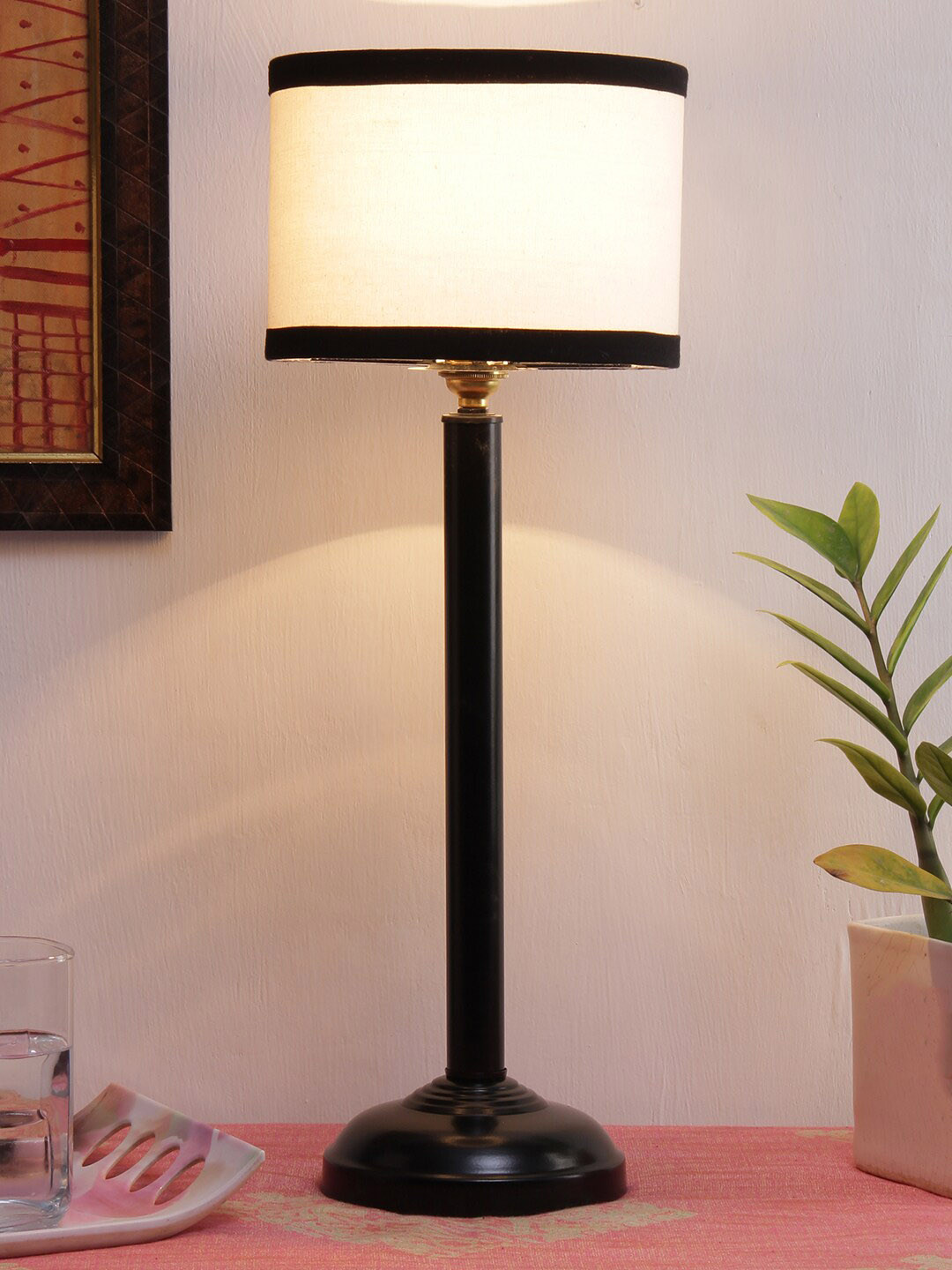 Devansh White & Black Cotton Shade Table Lamp With Black Base