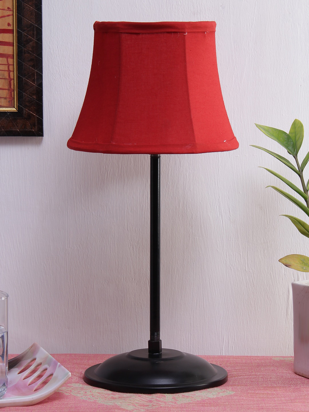 Devansh Red Cotton Shade Lamp With Base Table Lamp