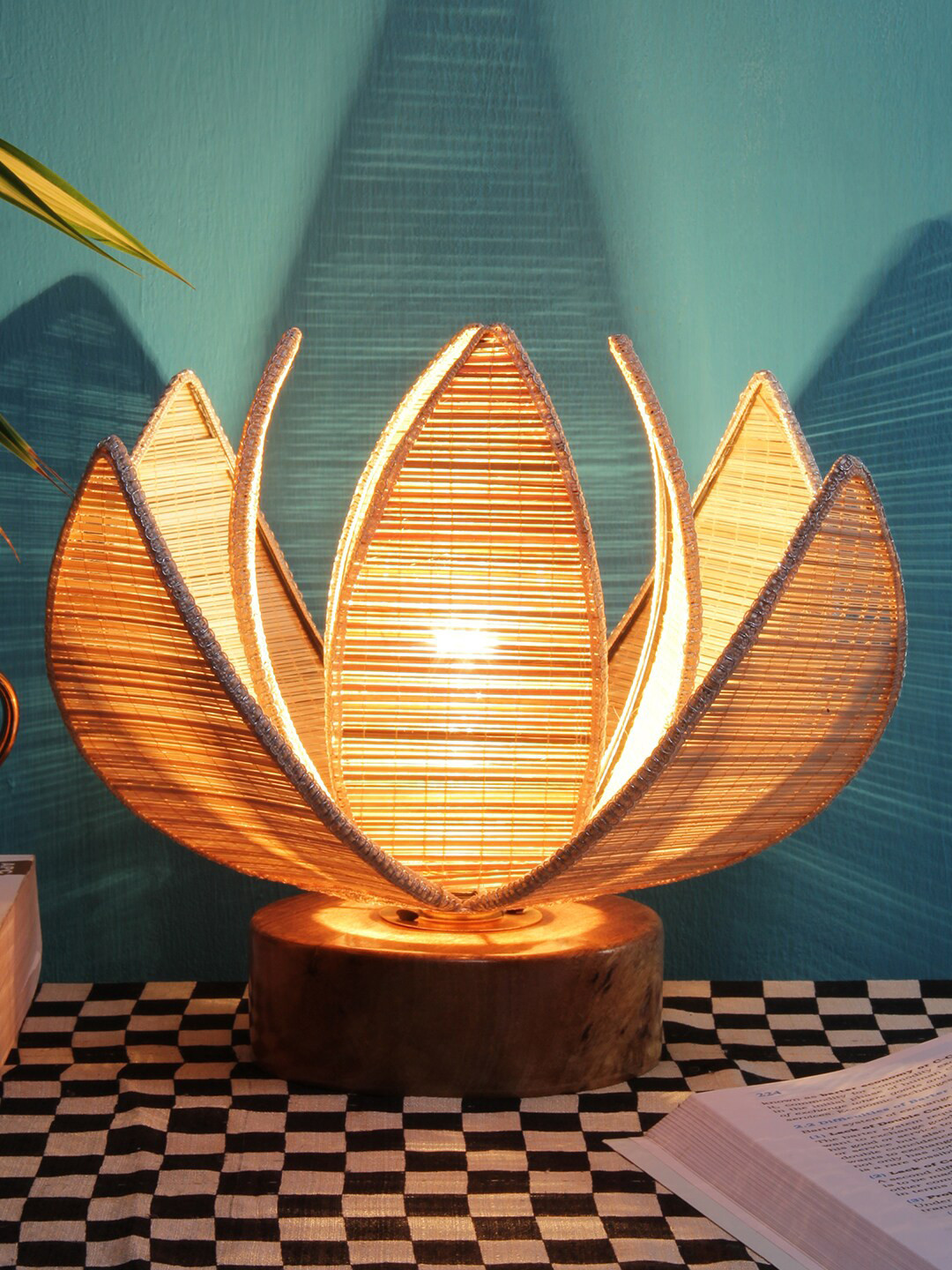 Devansh Beige Rose Bamboo Shade with Round wood Base Table Lamp