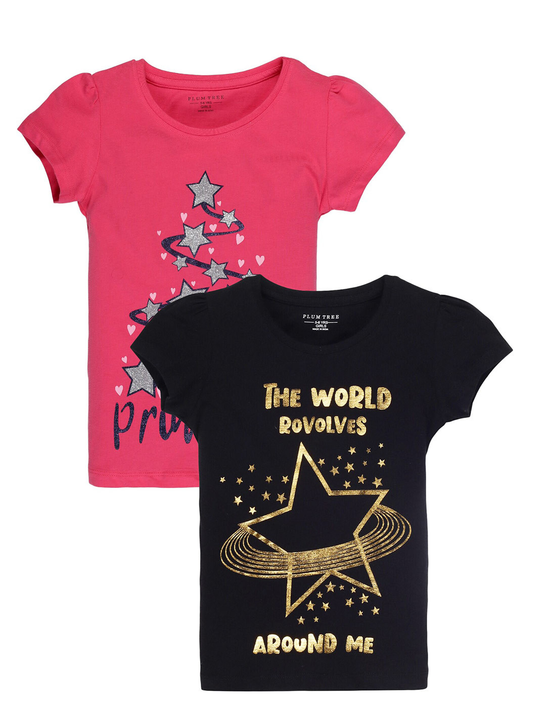 PLUM TREE Girls Pack of 2 Black & Pink Printed Pure Cotton T-shirt