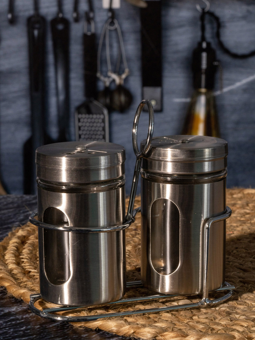 GOODHOMES Glass & Metal Spice Jar With Cover & Stand- 2 Pieces