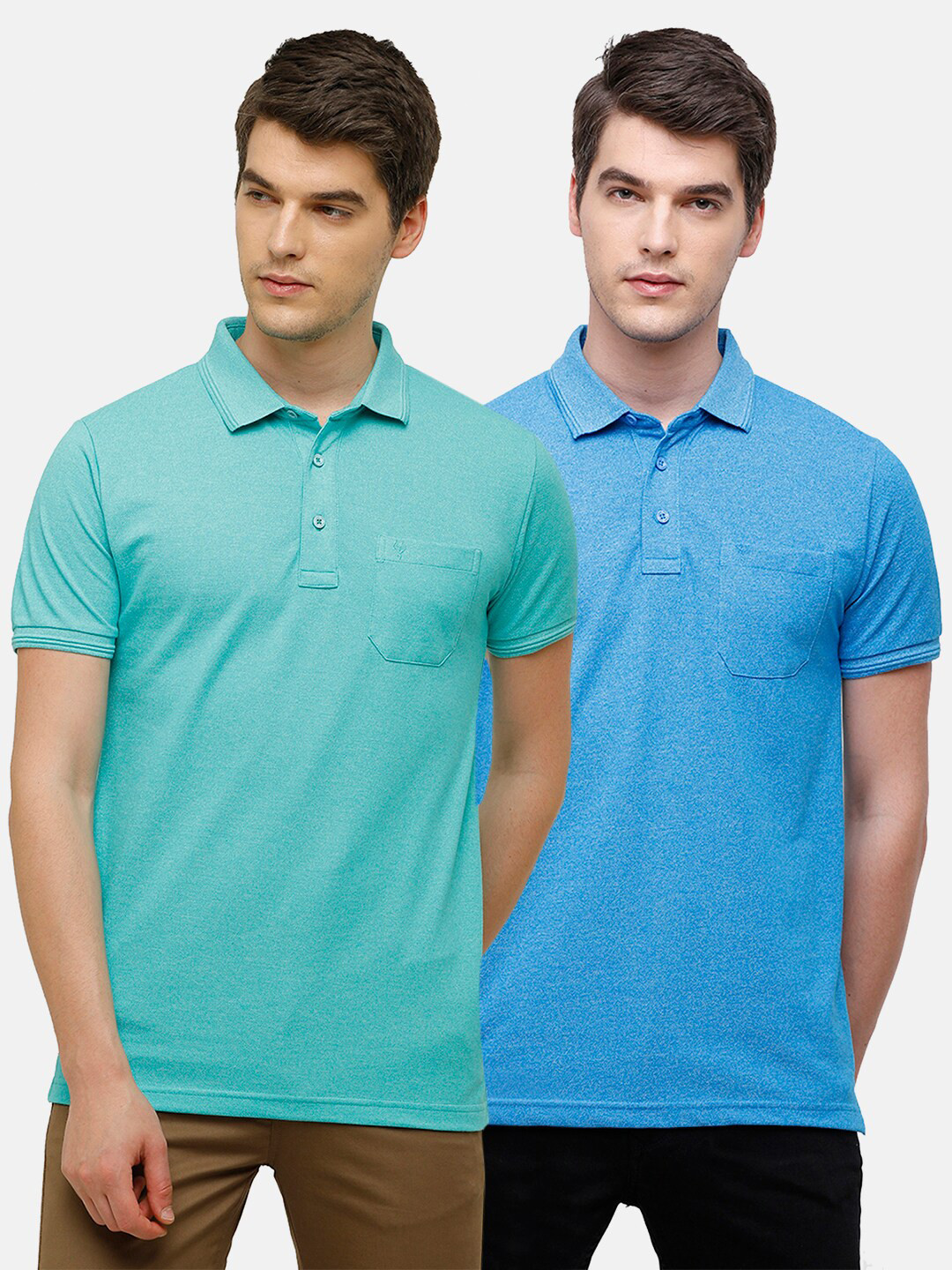 Classic Polo Set Of 2 Men Blue & Sea Green Polo Collar Pockets Slim Fit T-shirt
