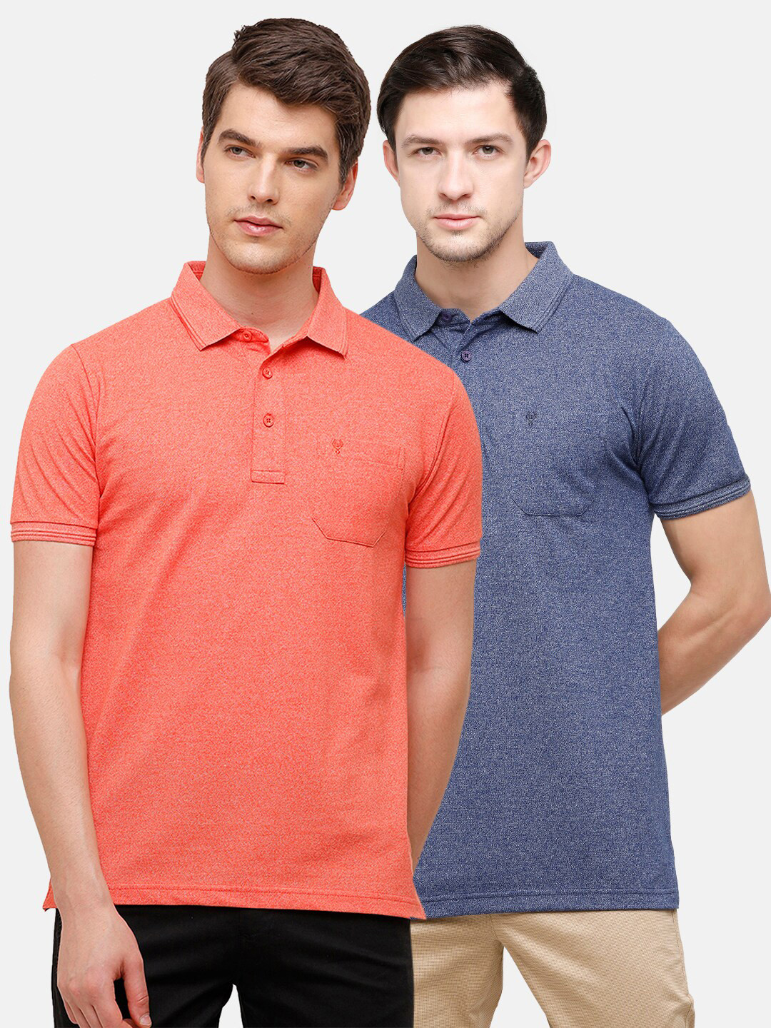 Classic Polo Men Set of 2 Blue & Orange Polo Collar Pockets Slim Fit T-shirt
