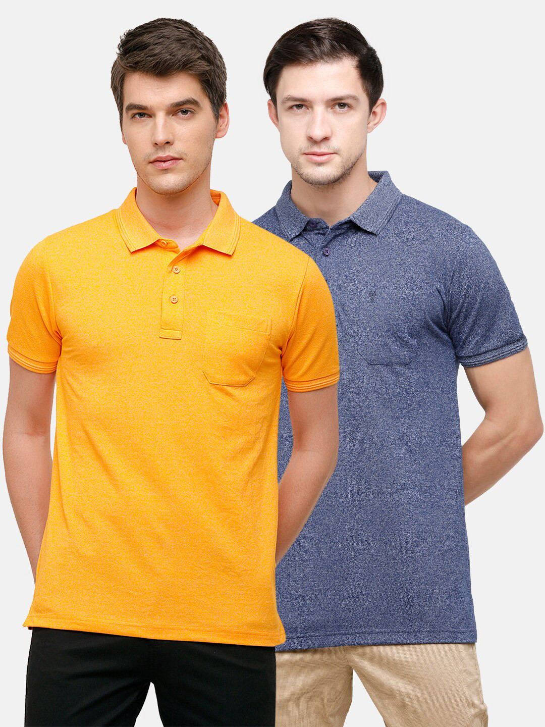 Classic Polo Men  Set Yellow & Blue Set Of 2 Polo Collar Pockets Slim Fit T-shirt