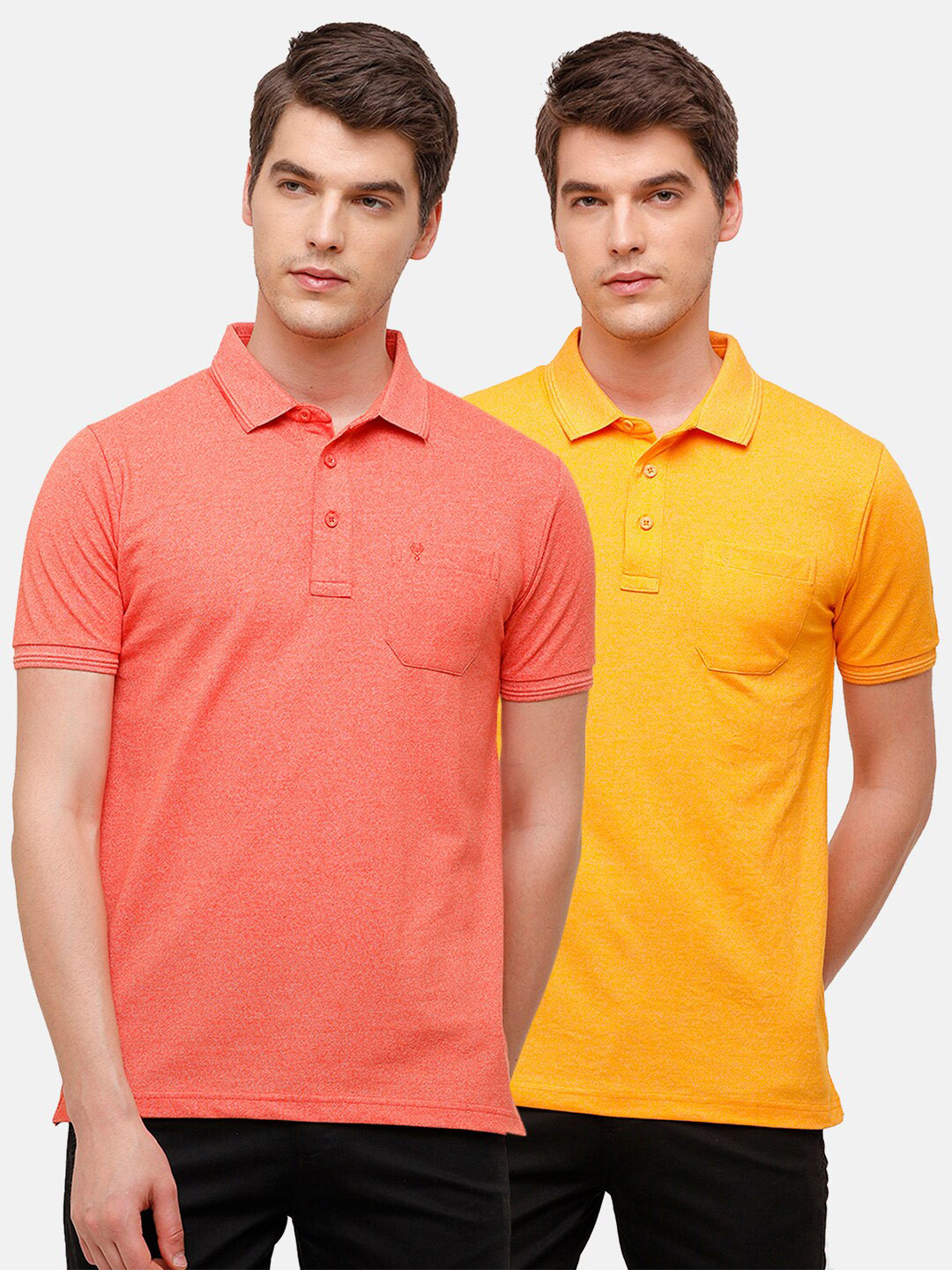 Classic Polo Men Pack Of 2 Mustard Yellow & Coral Polo Collar T-shirts
