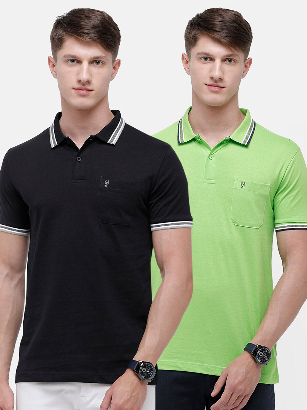 Classic Polo Men Black & Green 2 Polo Collar Slim Fit Cotton T-shirt