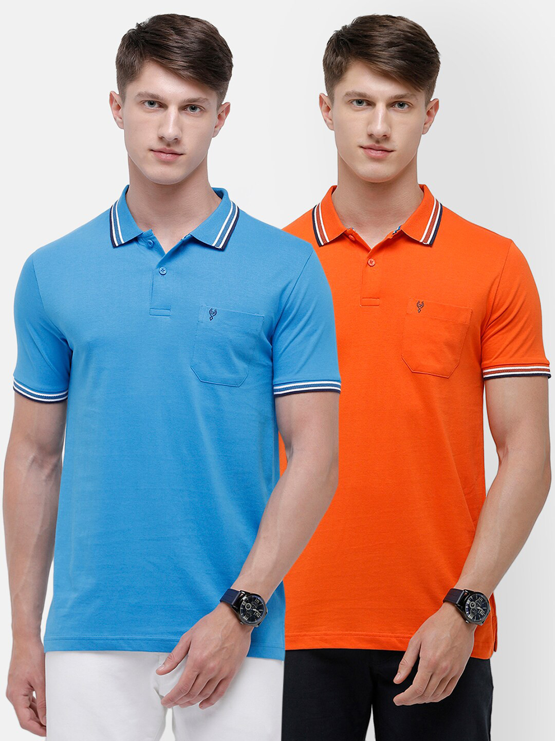 Classic Polo Men Blue & Orange Pack Of 2 Polo Collar Pockets Slim Fit T-shirt