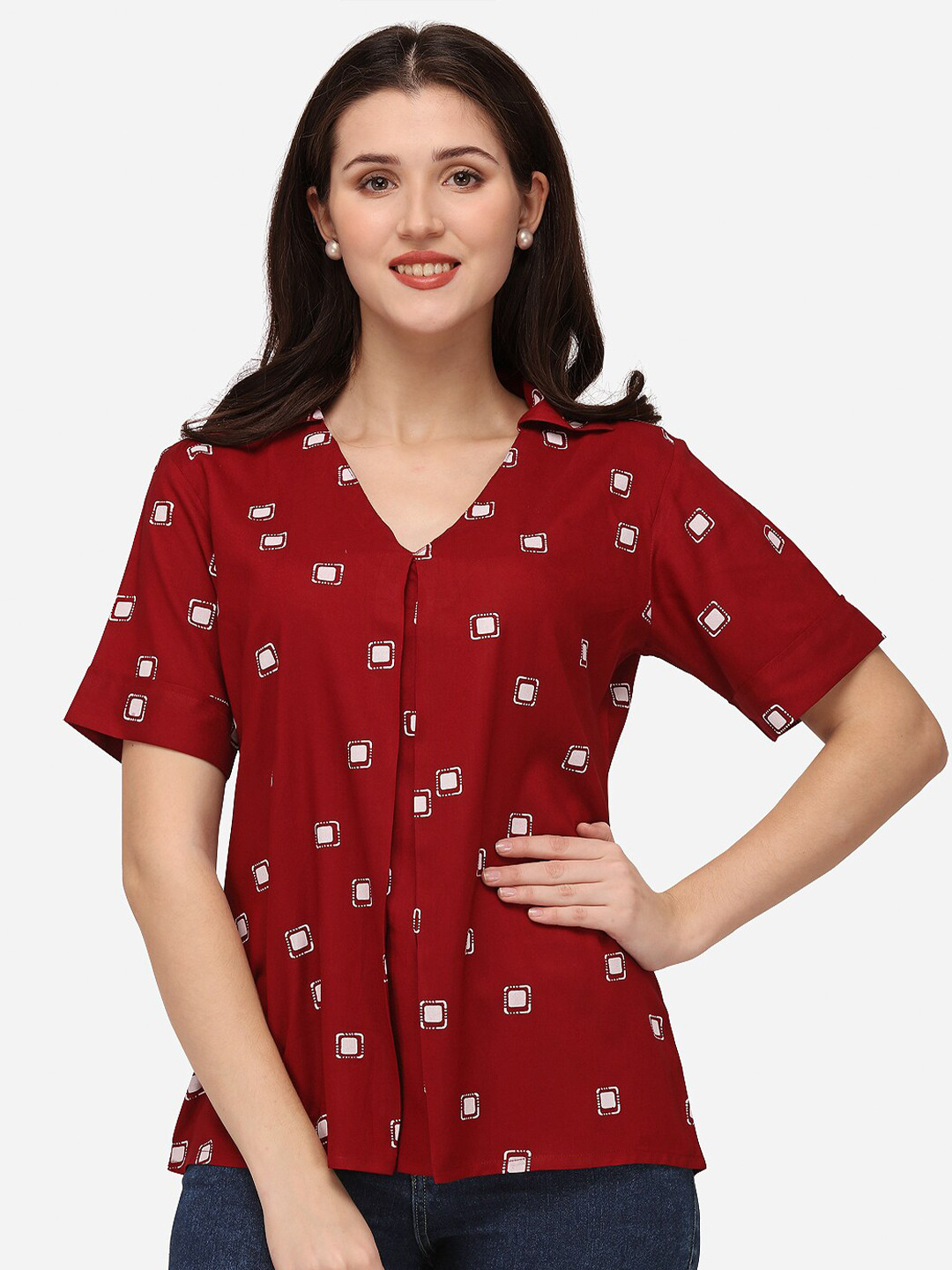 Smarty Pants Maroon & White Geometric Print Shirt Style Top