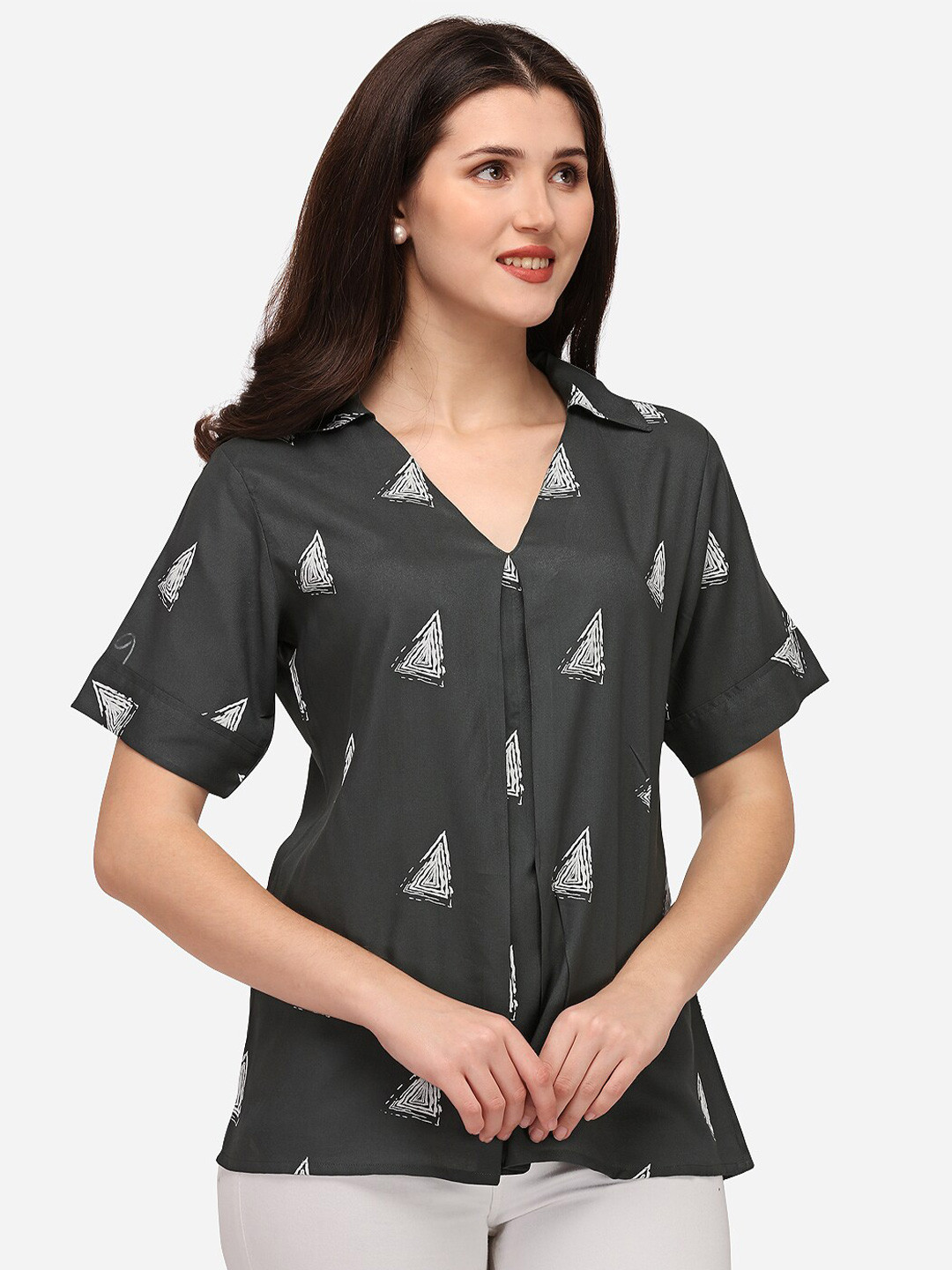 Smarty Pants Grey Geometric Print Shirt Style Top