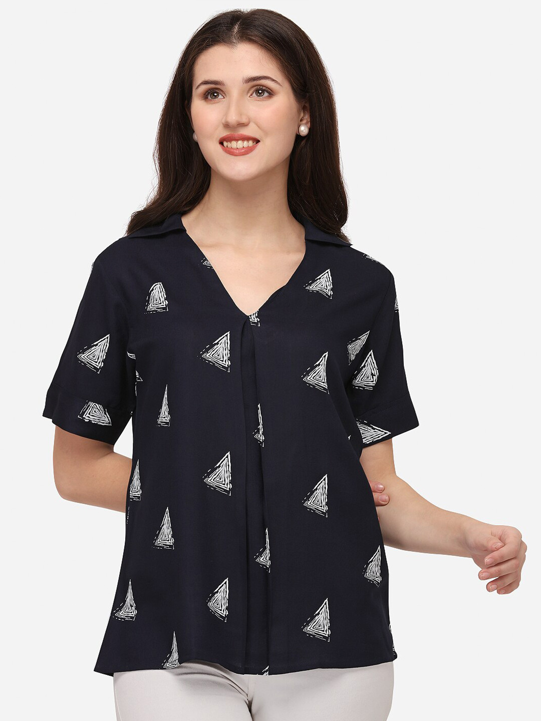 Smarty Pants Navy Blue & White Geometric Print Pure Cotton Shirt Style Top