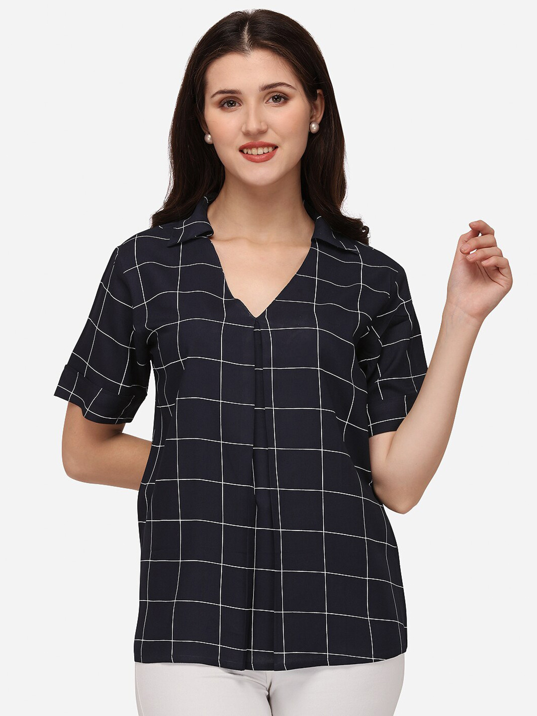 Smarty Pants Navy Blue Checked Pure Cotton Top