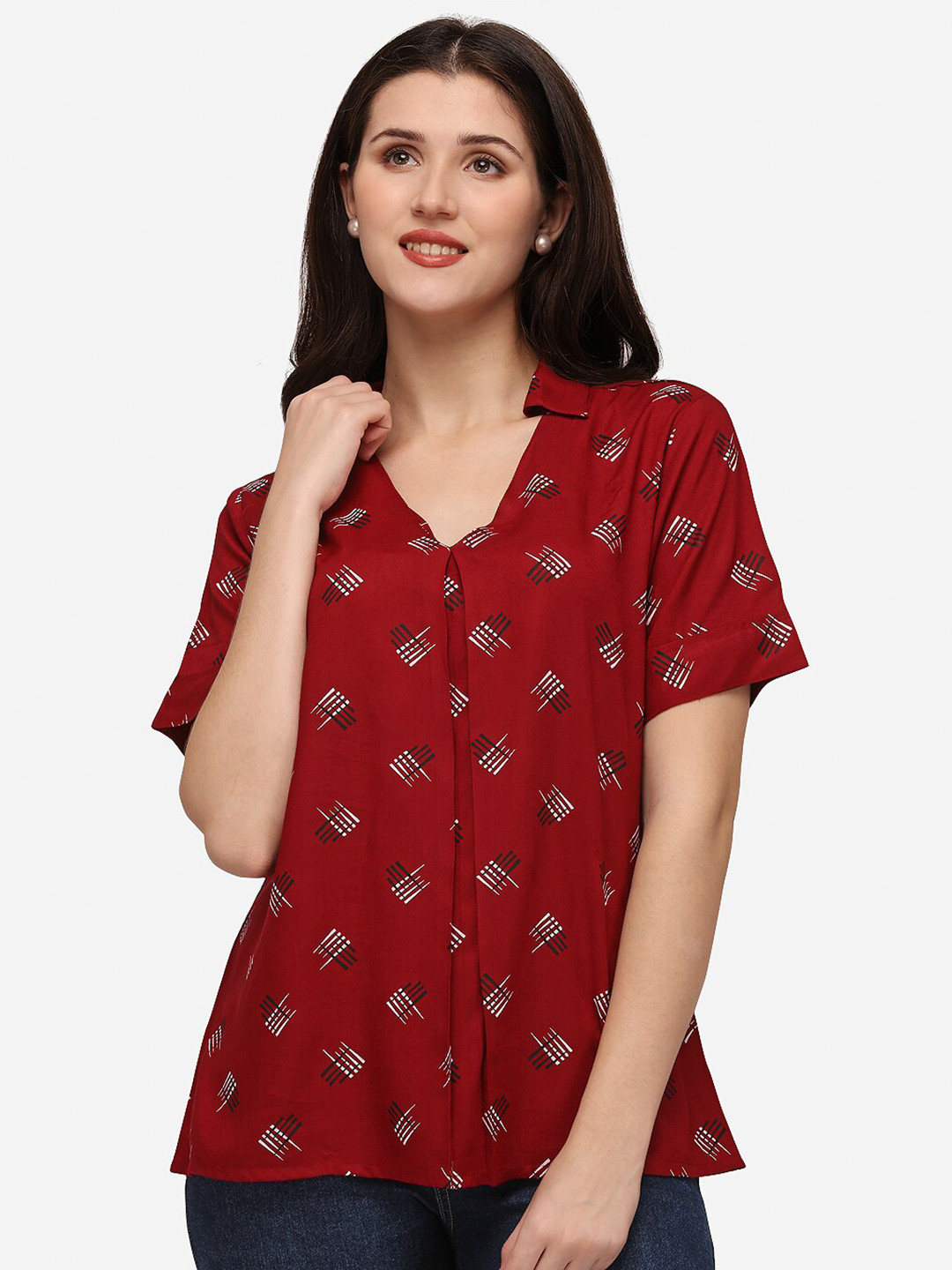 Smarty Pants Women Maroon Cotton Geometric Print Top