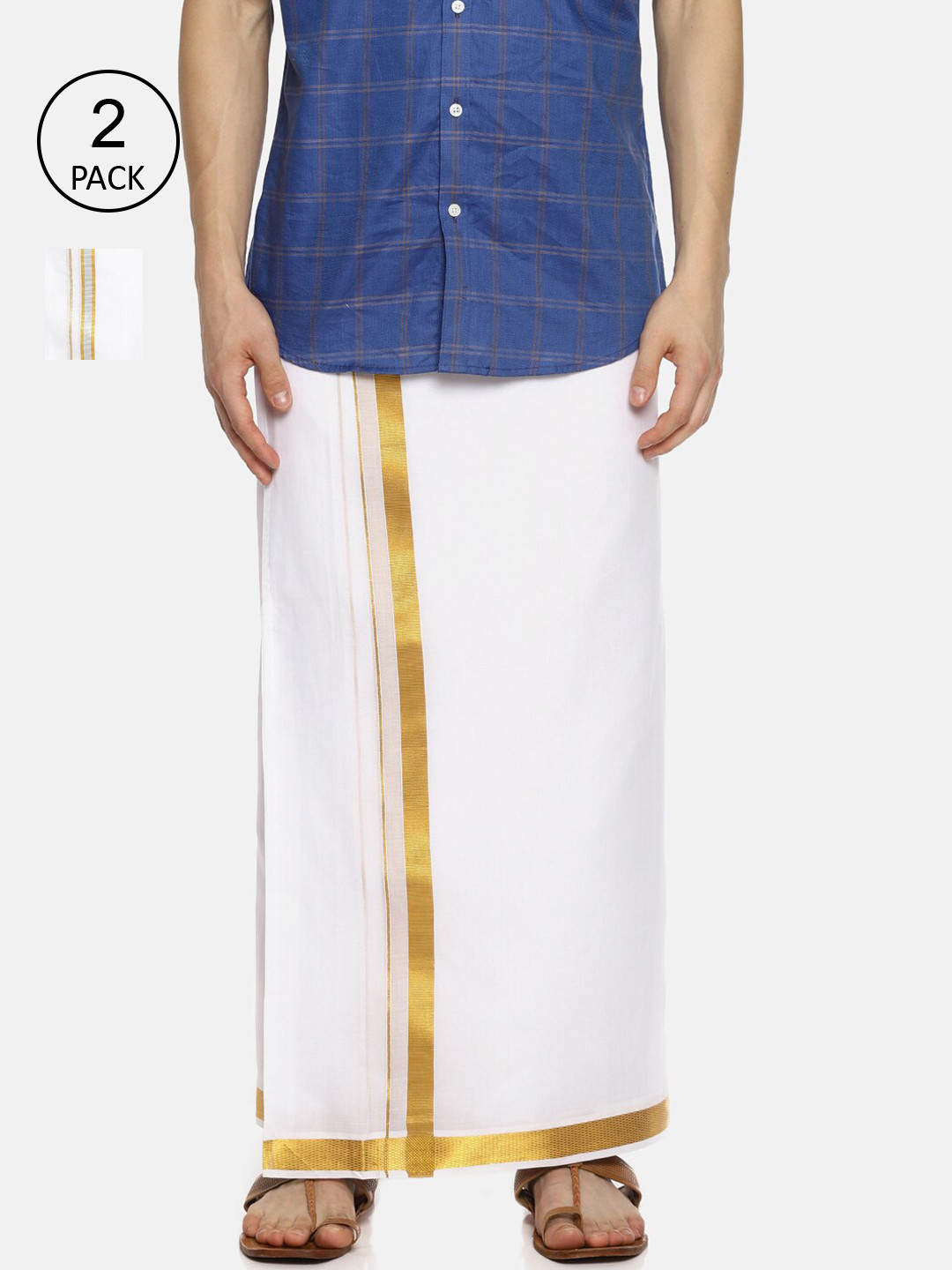 Sethukrishna Men Pack of 2 White Solid Readymade Cotton Dhotis