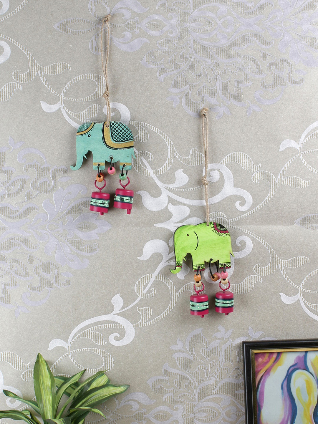 VarEesha Set of 2 Green & Blue Elephant Tinkle Bells Wind Chimes