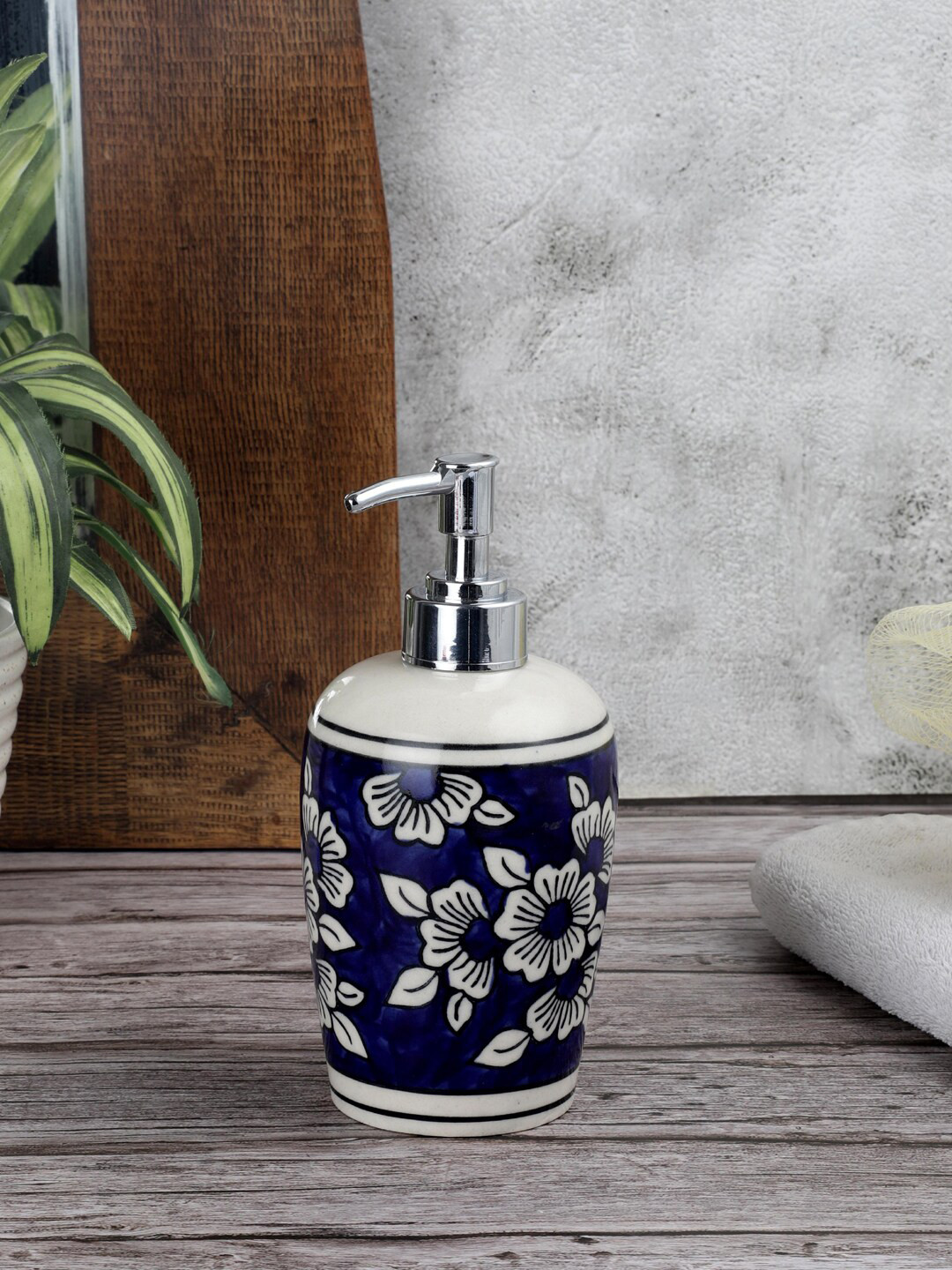 VarEesha Navy Blue & White Hand-Painted Ceramic Soap Dispenser