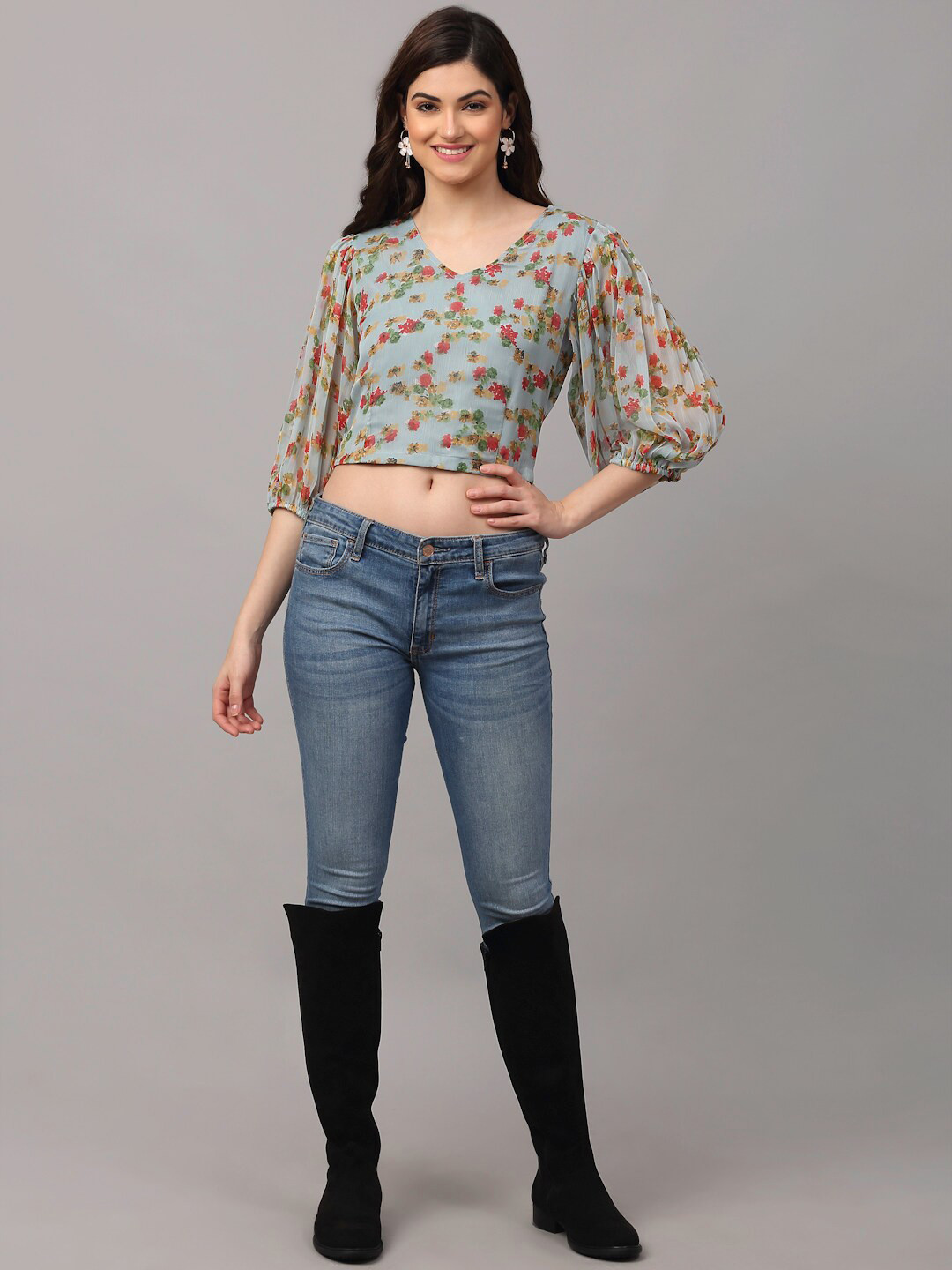 NEUDIS Teal Floral Print Chiffon Crop Top