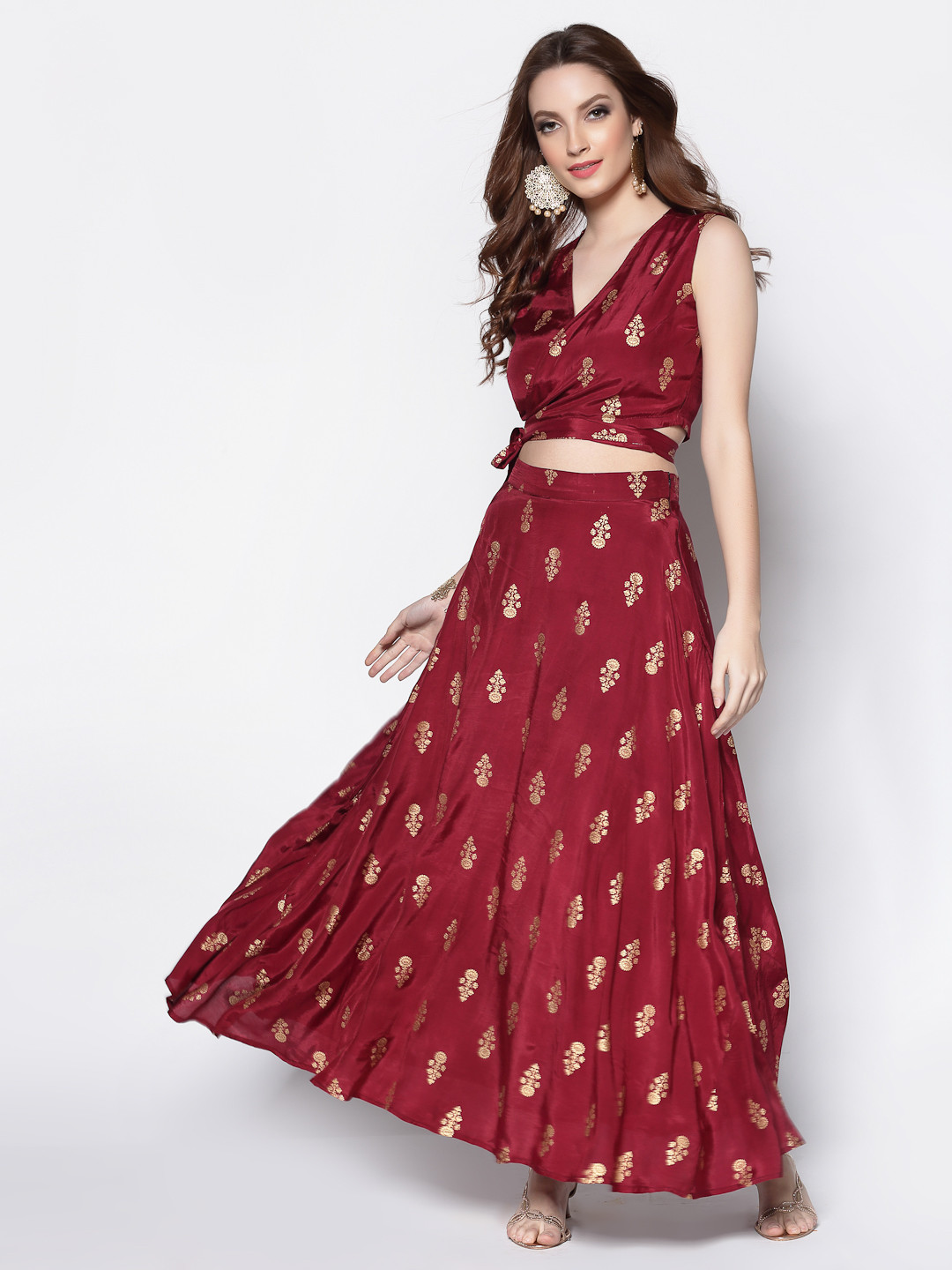 Sera Maroon & Gold-Toned Printed Ready to Wear Lehenga &