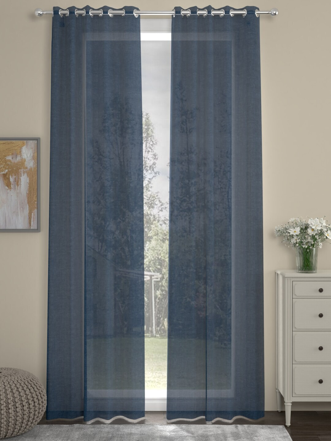 ROSARA HOME Navy Blue Set of 2 Sheer Long Door Curtain