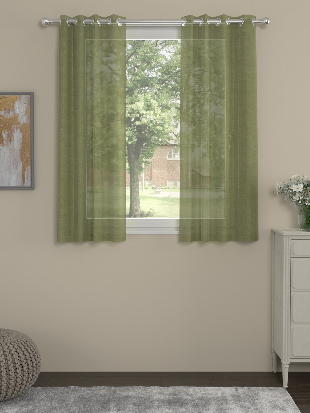 ROSARA HOME Olive Green Set of 2 Sheer Window Curtains