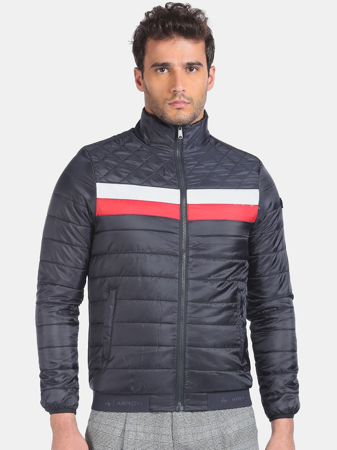 Arrow Sport Men Blue Striped Quilted Jacket