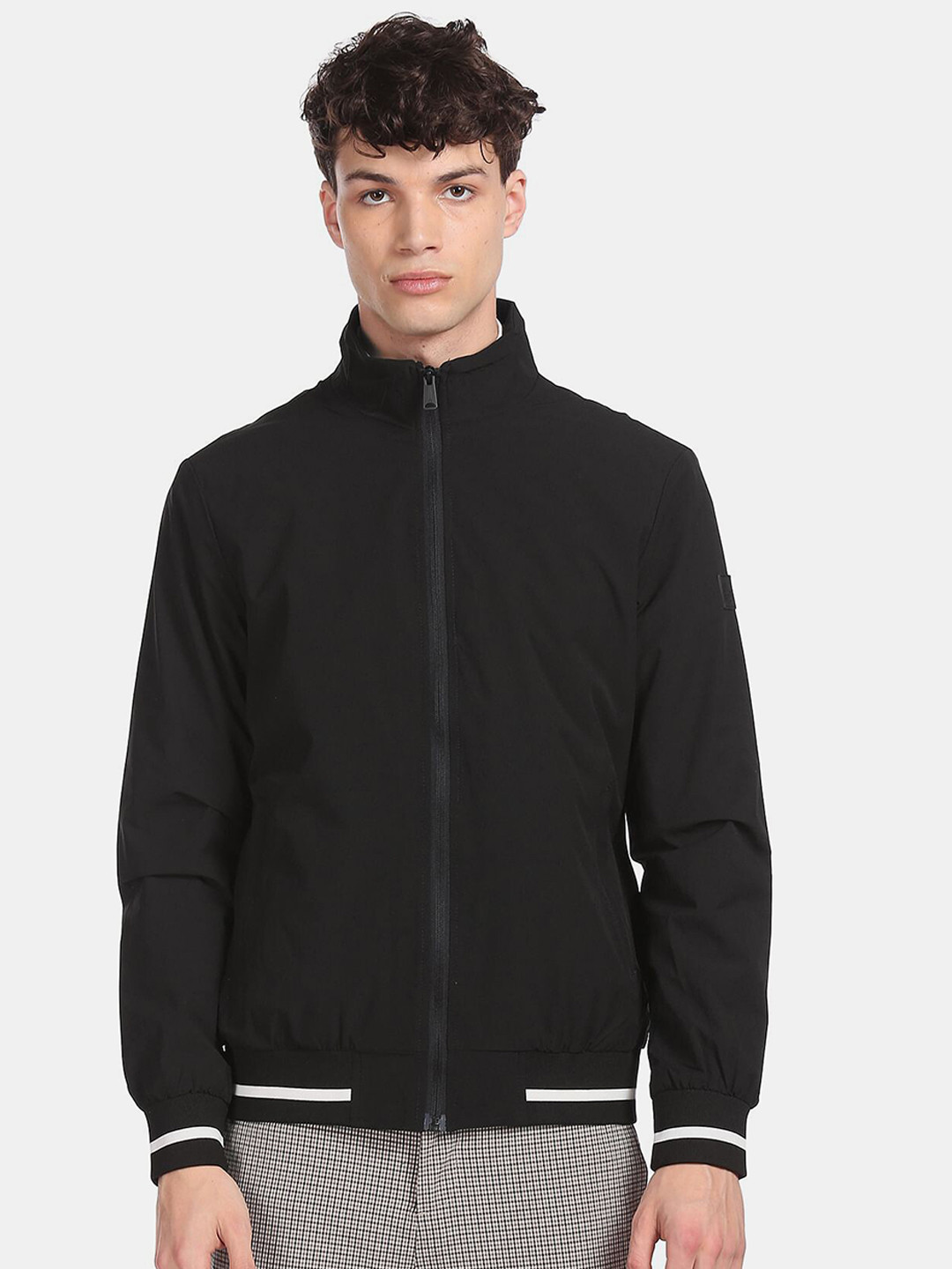 Arrow Sport Men Black Geometric Checked Varsity Jacket