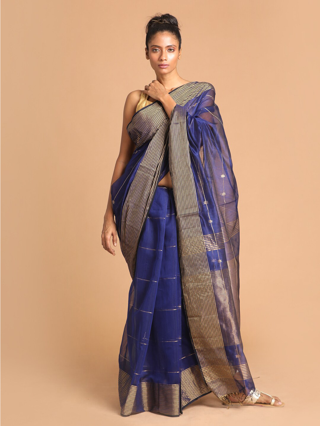 Indethnic Navy Blue & Gold-Coloured Striped Zari Silk Cotton Maheshwari Saree