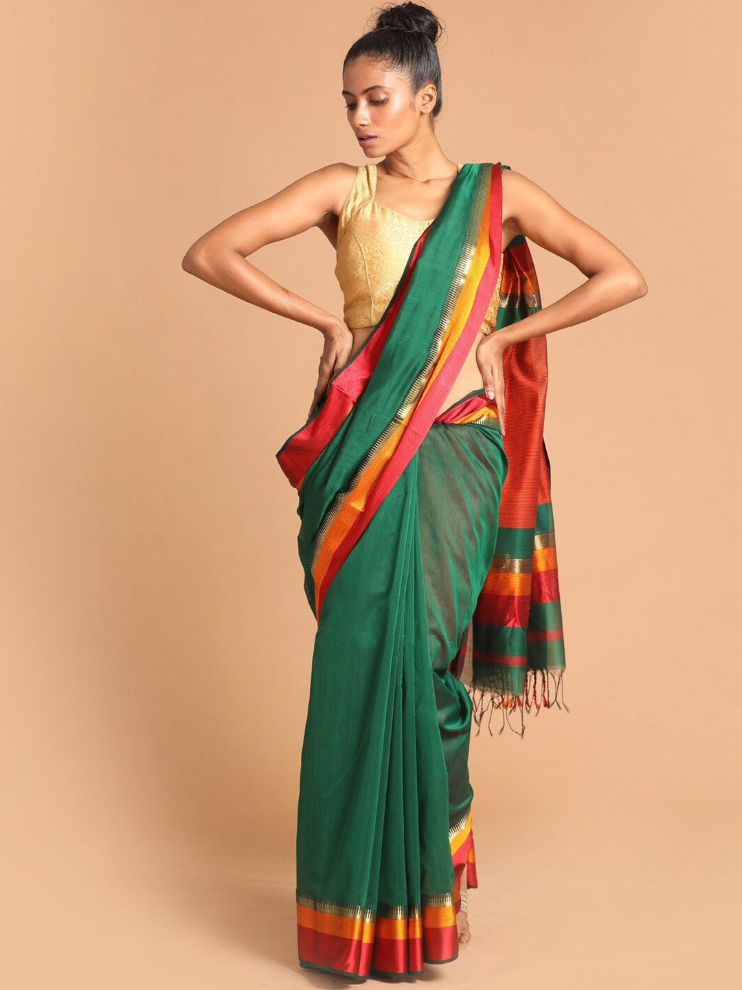 Indethnic Green & Red Silk Cotton Maheshwari Saree