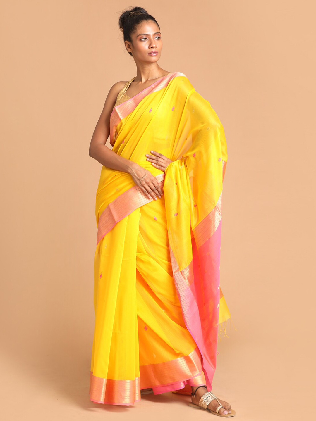 Indethnic Yellow & Peach-Coloured Woven Design Zari Silk Cotton Maheshwari Saree