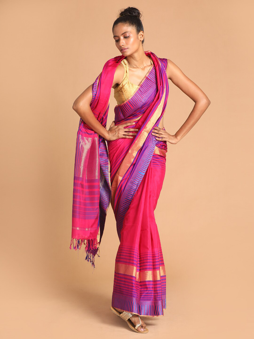 Indethnic Magenta & Purple Silk Cotton Maheshwari Saree