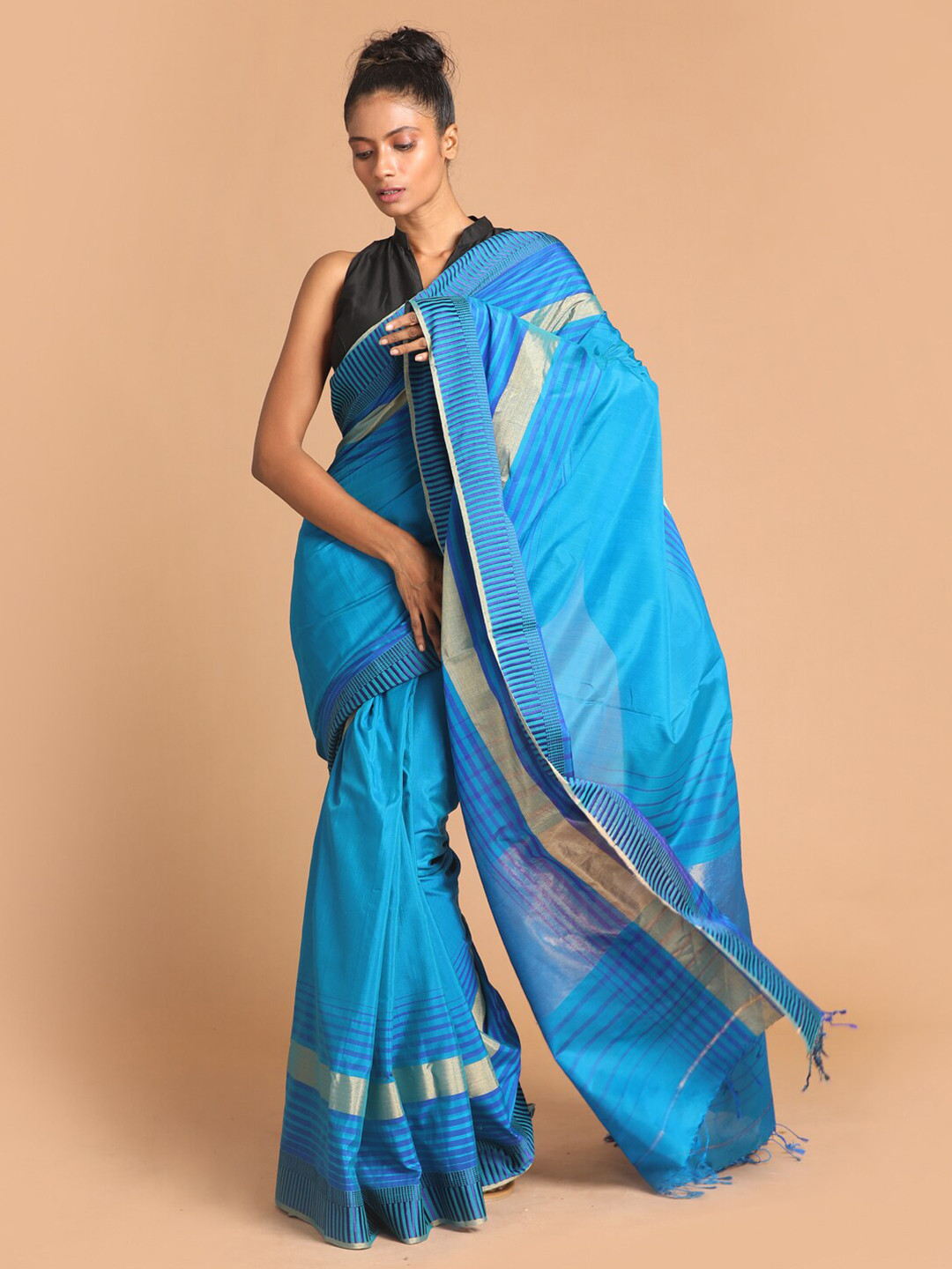 Indethnic Blue & Gold-Coloured Zari Silk Cotton Maheshwari Saree