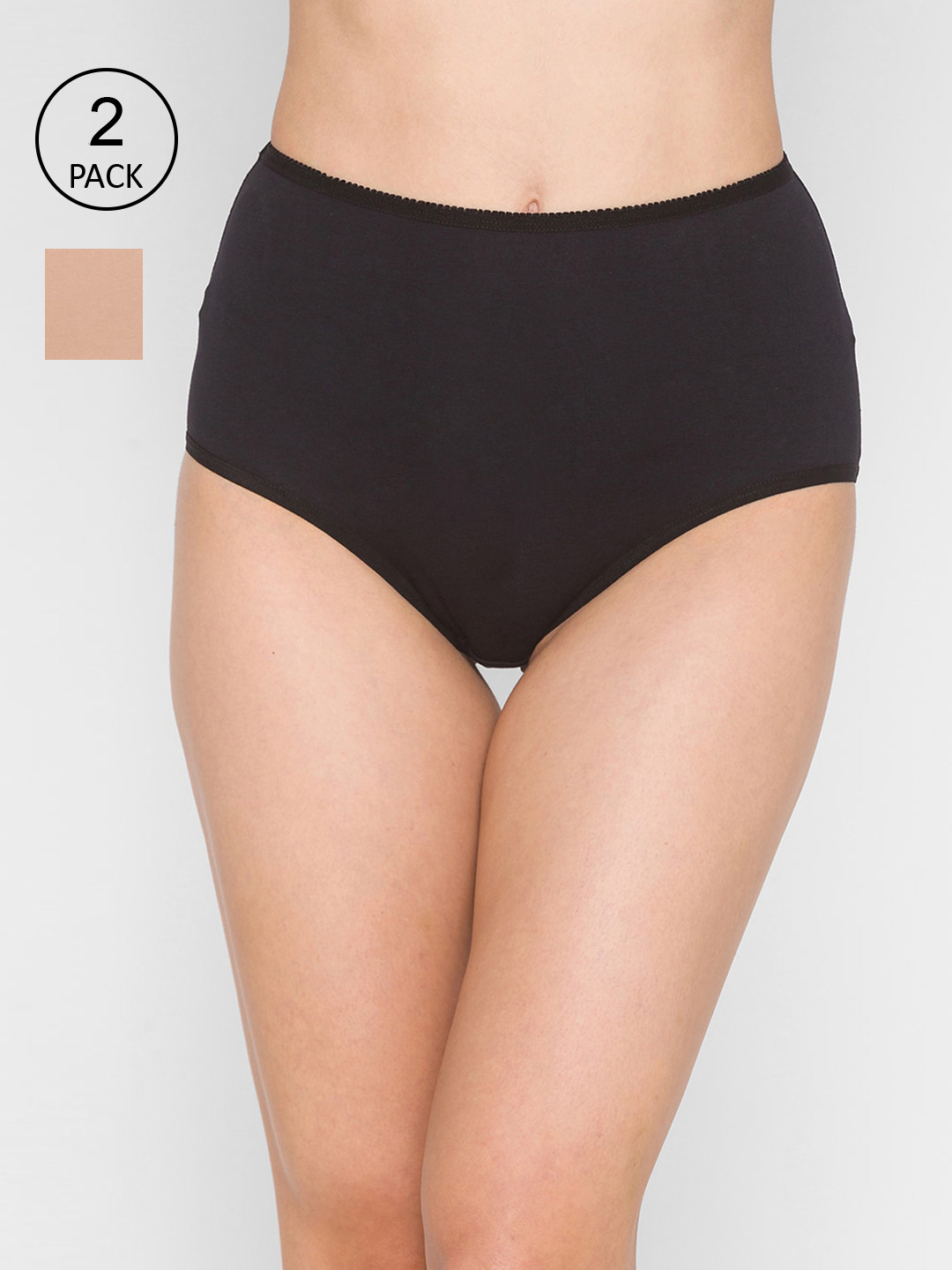 Candyskin Women Pack of 2 Black & Beige Solid High Rise Full Briefs - CSHWIN02BKSK