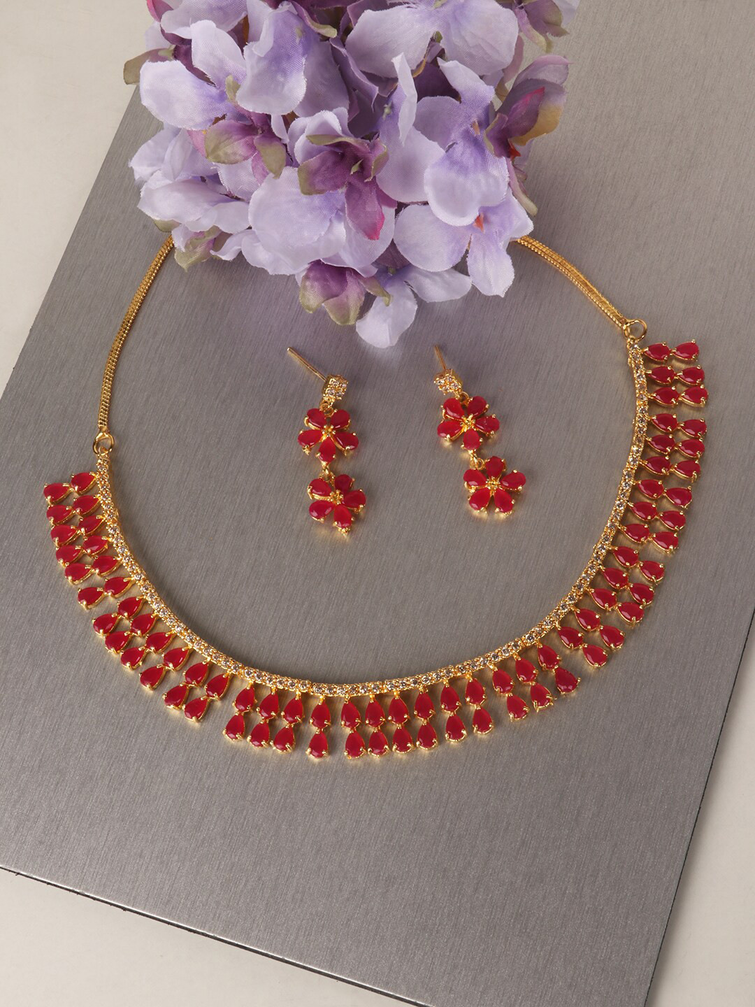 PENNY JEWELS Pink & Gold-Plated Stone-Studded Leaf Shaped Jewellery Set