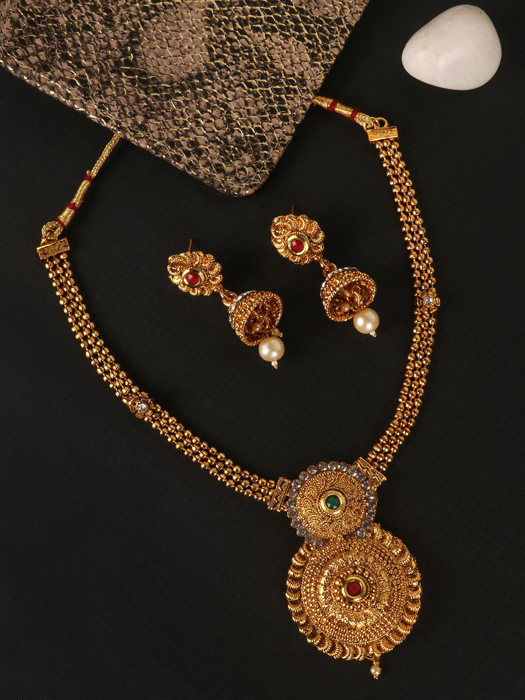 PENNY JEWELS Gold-Plated & White Stone-Studded & Beaded Jewellery Set