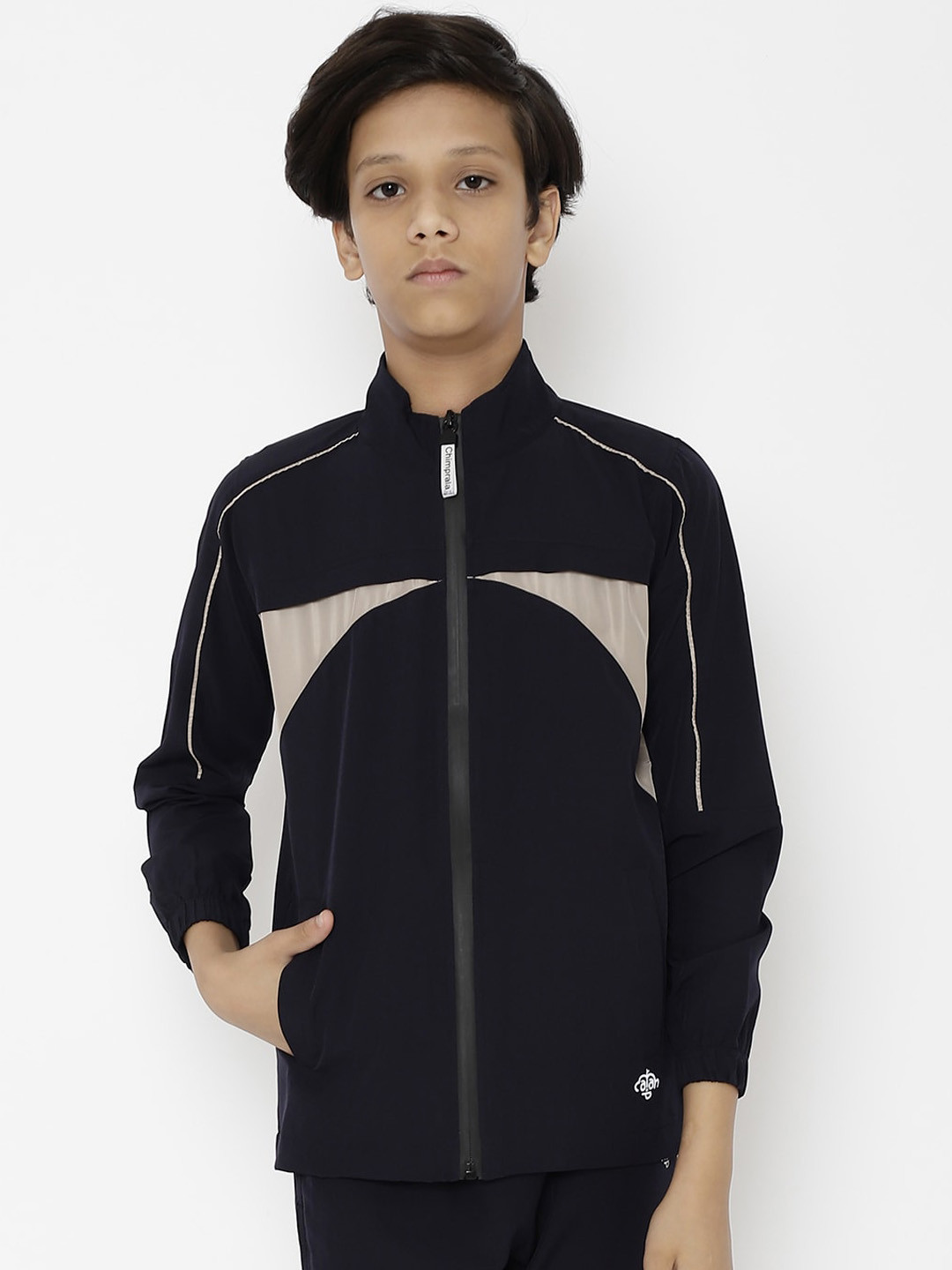 CHIMPRALA Boys Navy Blue Colourblocked Water Resistant Running Sporty Jacket