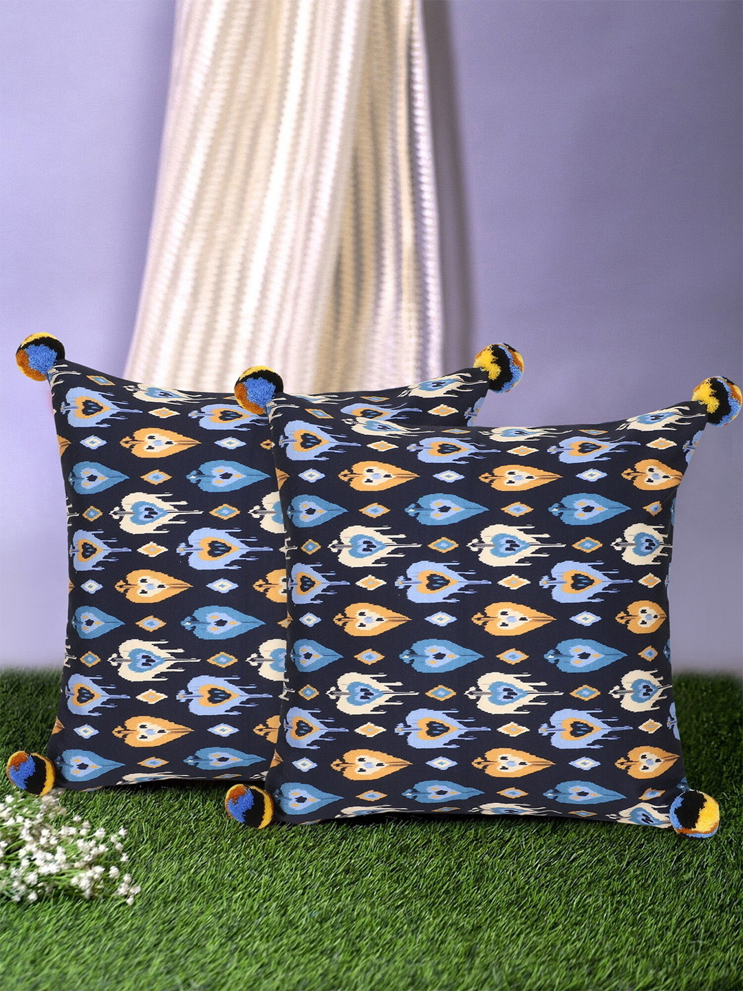 Mezposh Set of 2  Black & Yellow Geometric Square Cushion Covers with Pom Pom Details