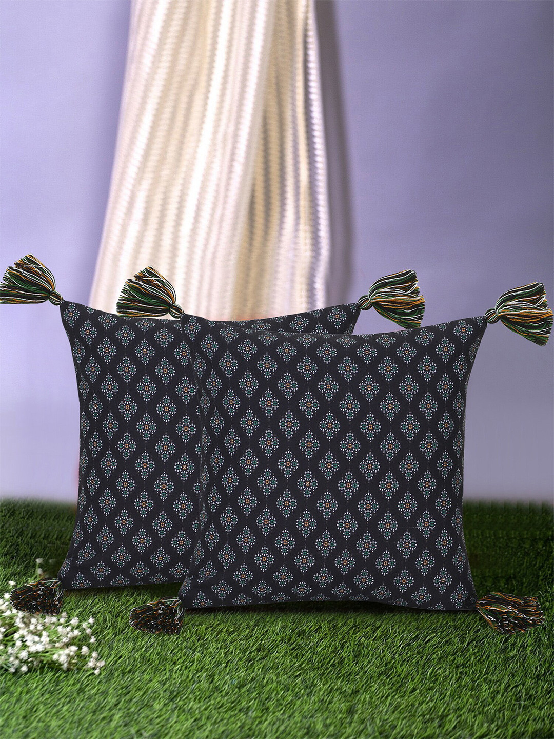 Mezposh Ethnic Print Ethnic Motifs Polycotton Durable 2 Pcs Square Cushion Covers -16x16In