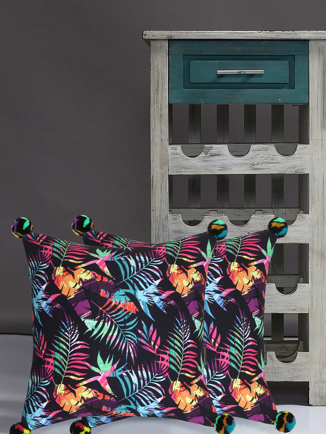 Mezposh Botanical Black Floral Polycotton HD Digital 2 Pcs Square Cushion Covers -16x16In