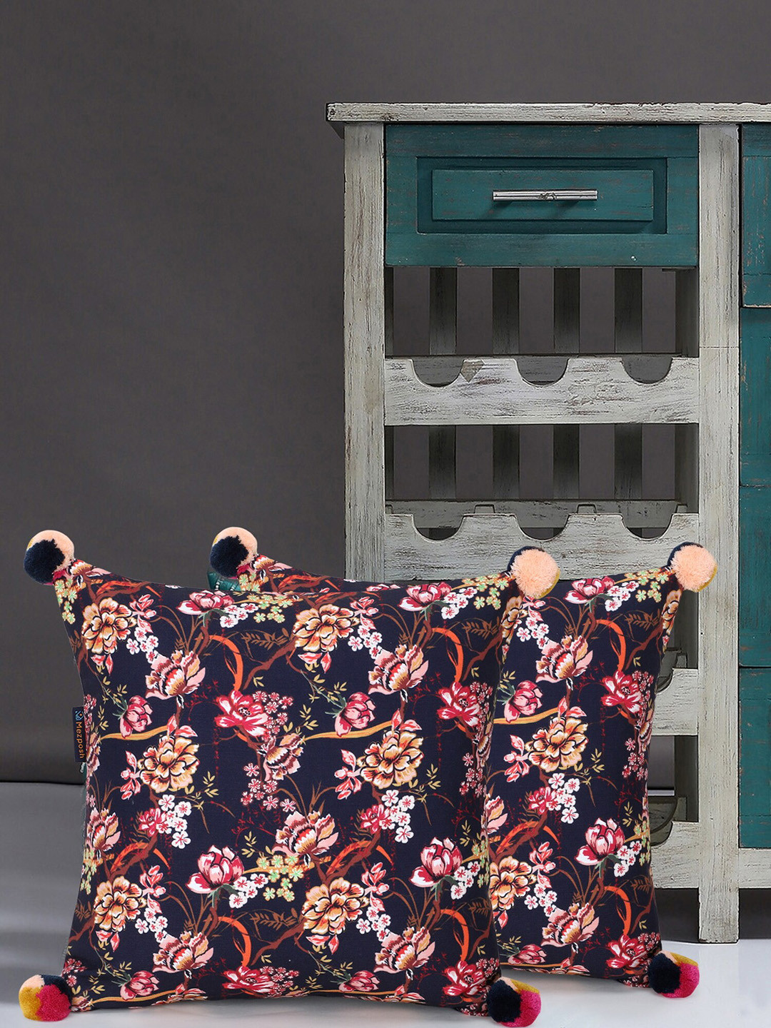 Mezposh Navy Blue Floral Polyester Silk HD Digital 2 Piece Square Cushion Covers -16x16In