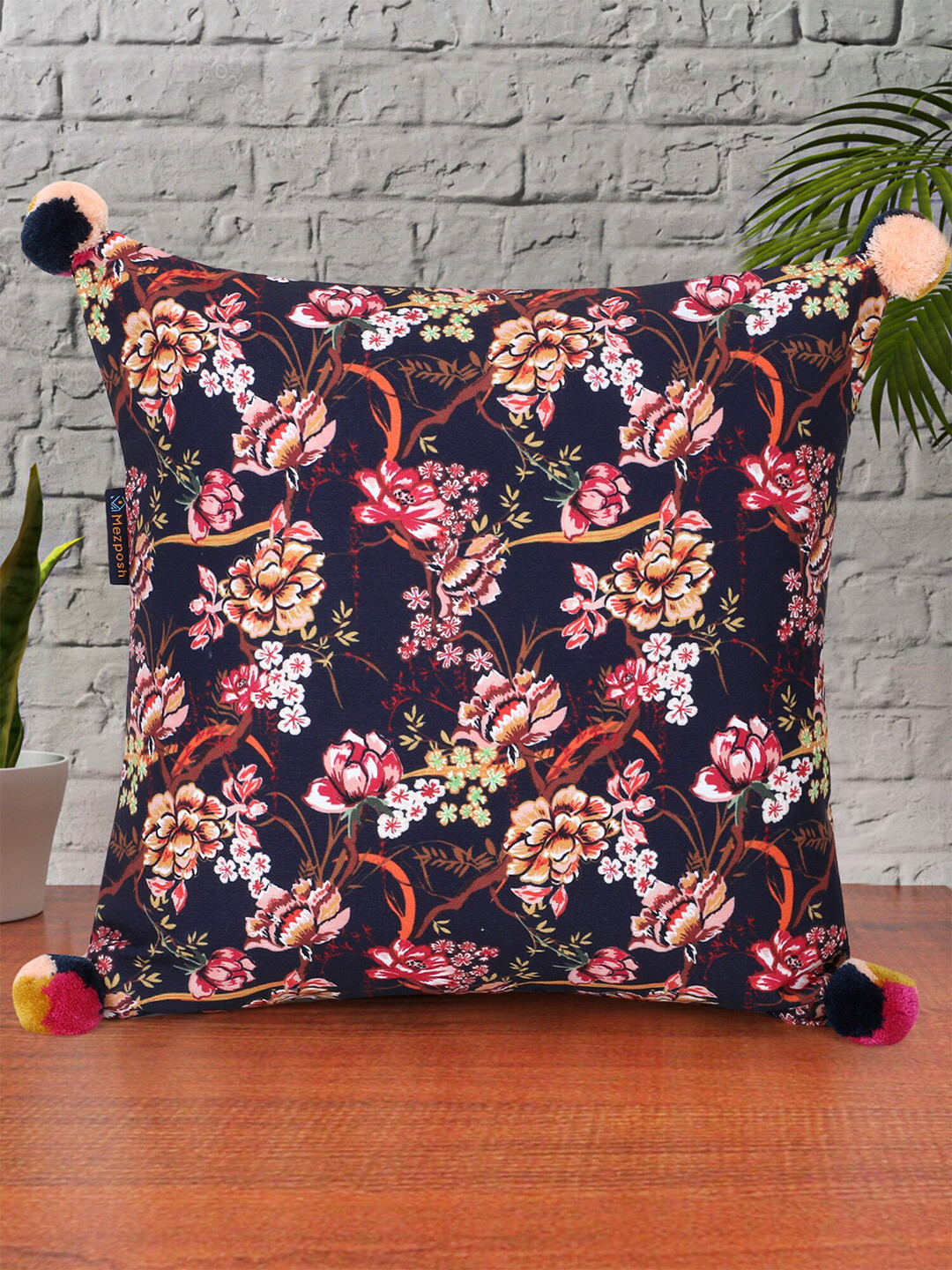 Mezposh Navy Blue & Pink Floral Square Cushion Covers