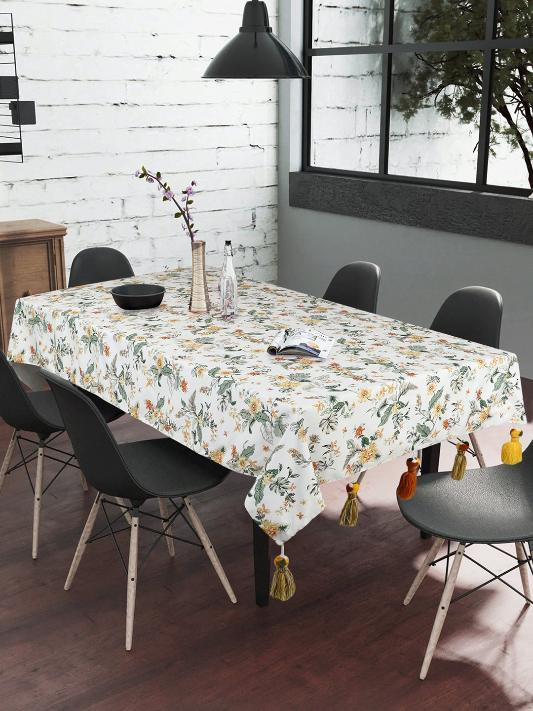 Mezposh White & Green Floral Printed 6 Seater Rectangle Table Cover
