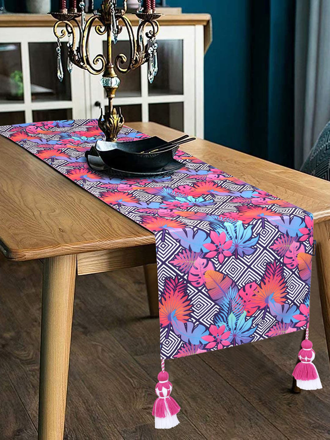 Mezposh Pink & Blue Floral Digital Printed Cotton 6 Seater Table Runners