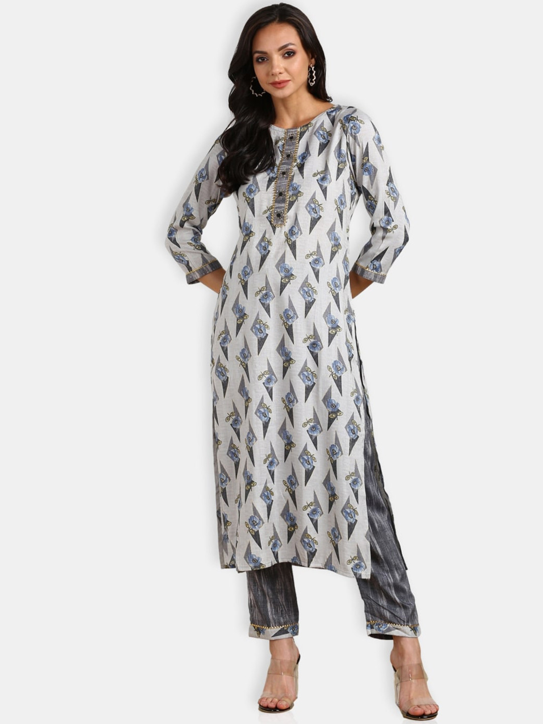 VEDANA Women Grey Ethnic Motifs Printed Panelled Kurta with Trousers